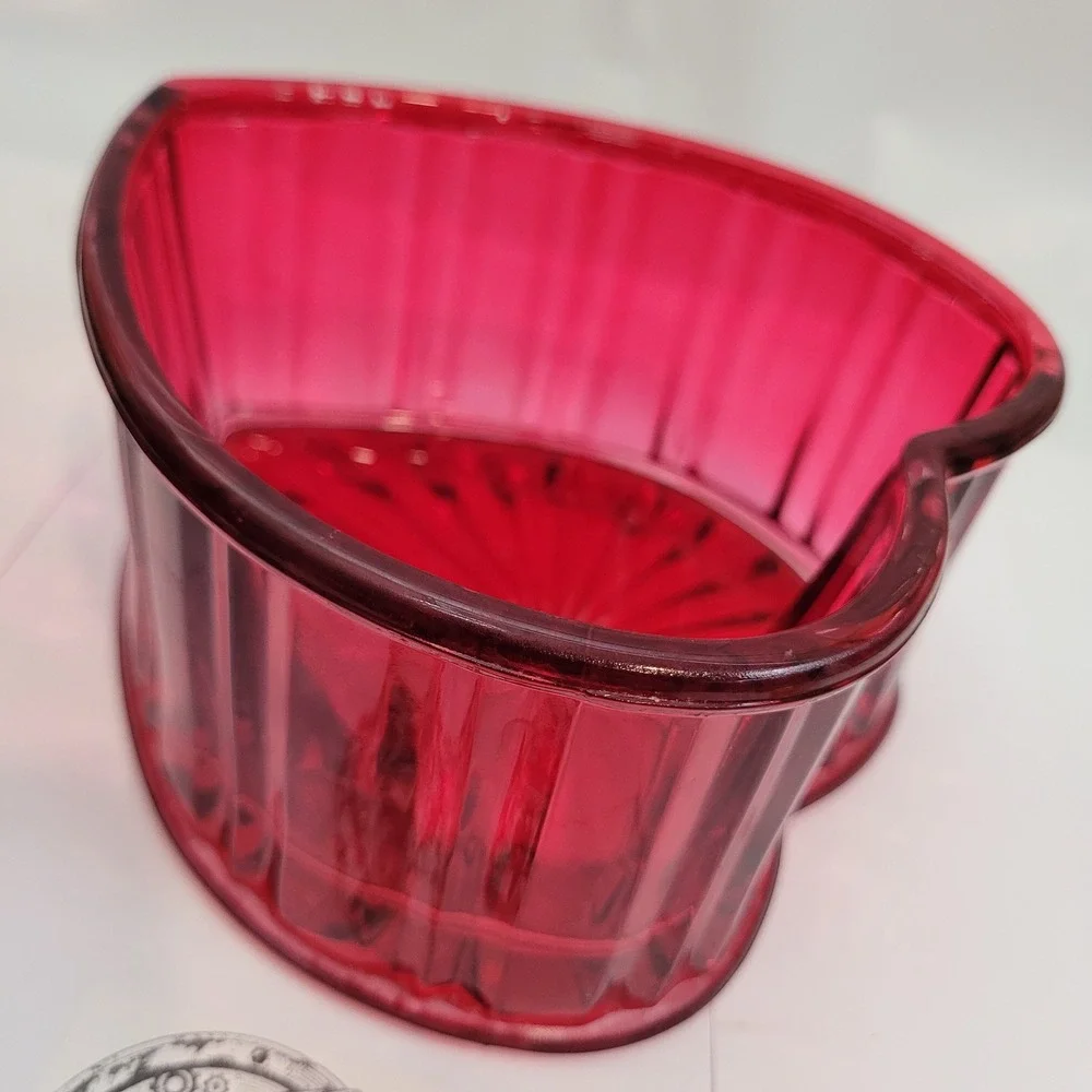 Vintage Heart Pressed Glass Dish Ruby Red Ribbed Sunburst Base Trinket Love 5.5